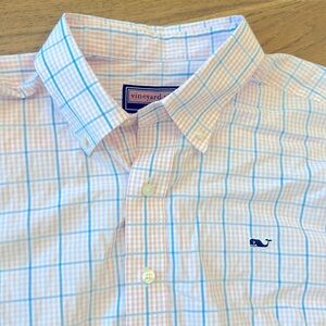 EUC, Men’s long-sleeve Vineyard Vines button-up, pink & blue whale shirt, Size L